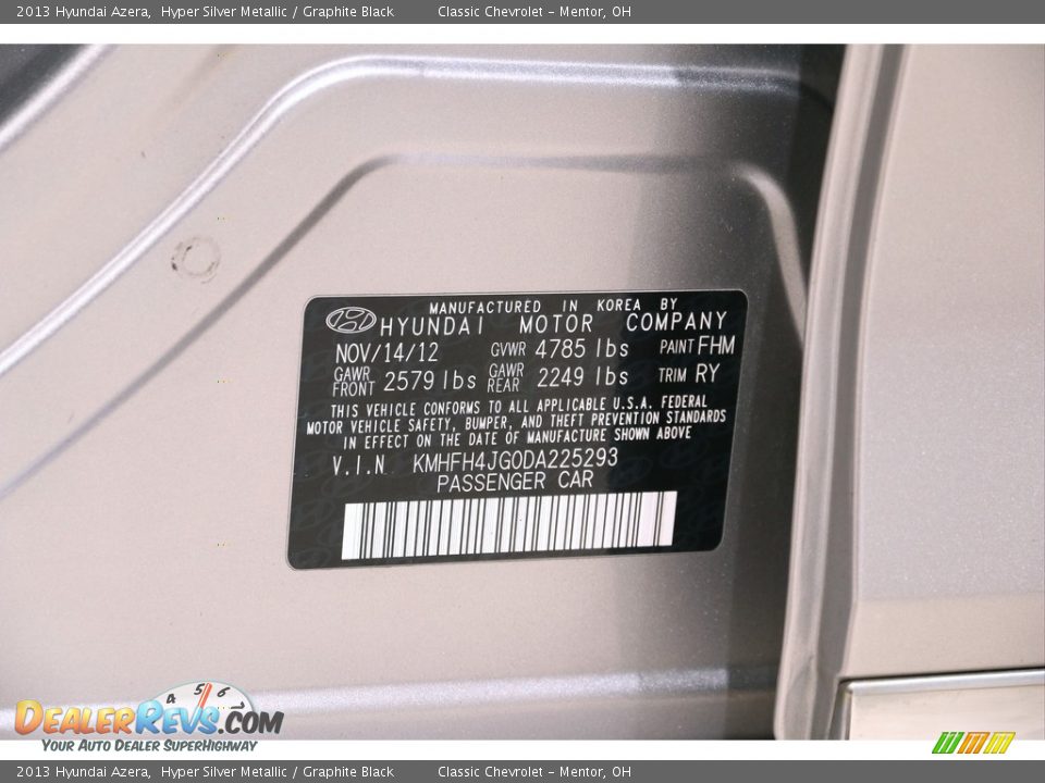 2013 Hyundai Azera Hyper Silver Metallic / Graphite Black Photo #24