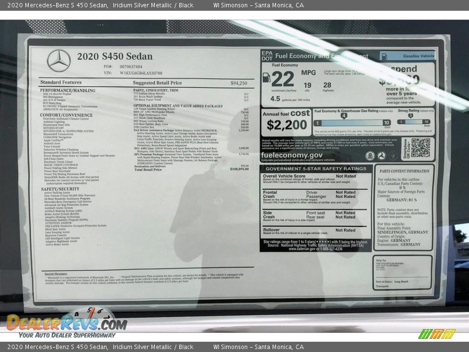 2020 Mercedes-Benz S 450 Sedan Window Sticker Photo #10