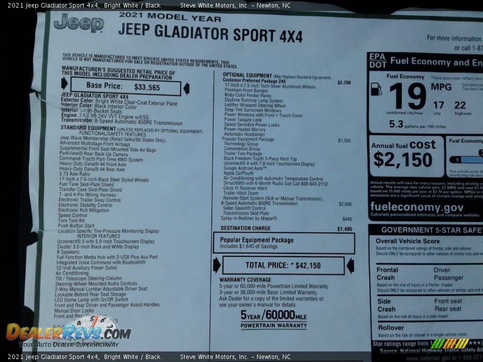 2021 Jeep Gladiator Sport 4x4 Bright White / Black Photo #27