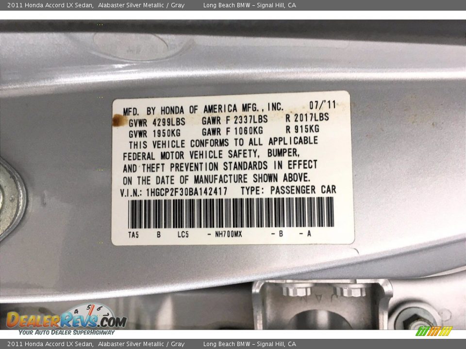 2011 Honda Accord LX Sedan Alabaster Silver Metallic / Gray Photo #35