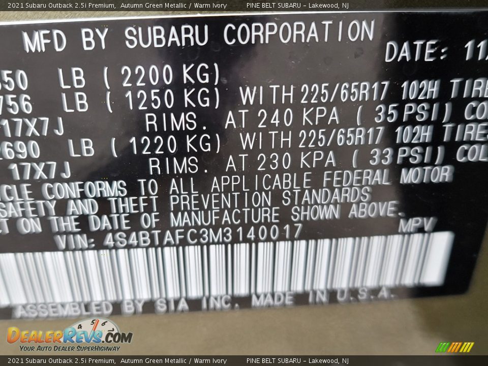 2021 Subaru Outback 2.5i Premium Autumn Green Metallic / Warm Ivory Photo #14