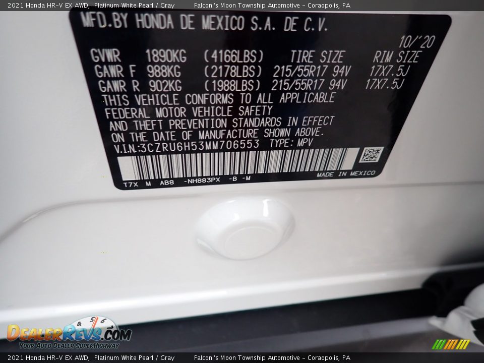 2021 Honda HR-V EX AWD Platinum White Pearl / Gray Photo #13