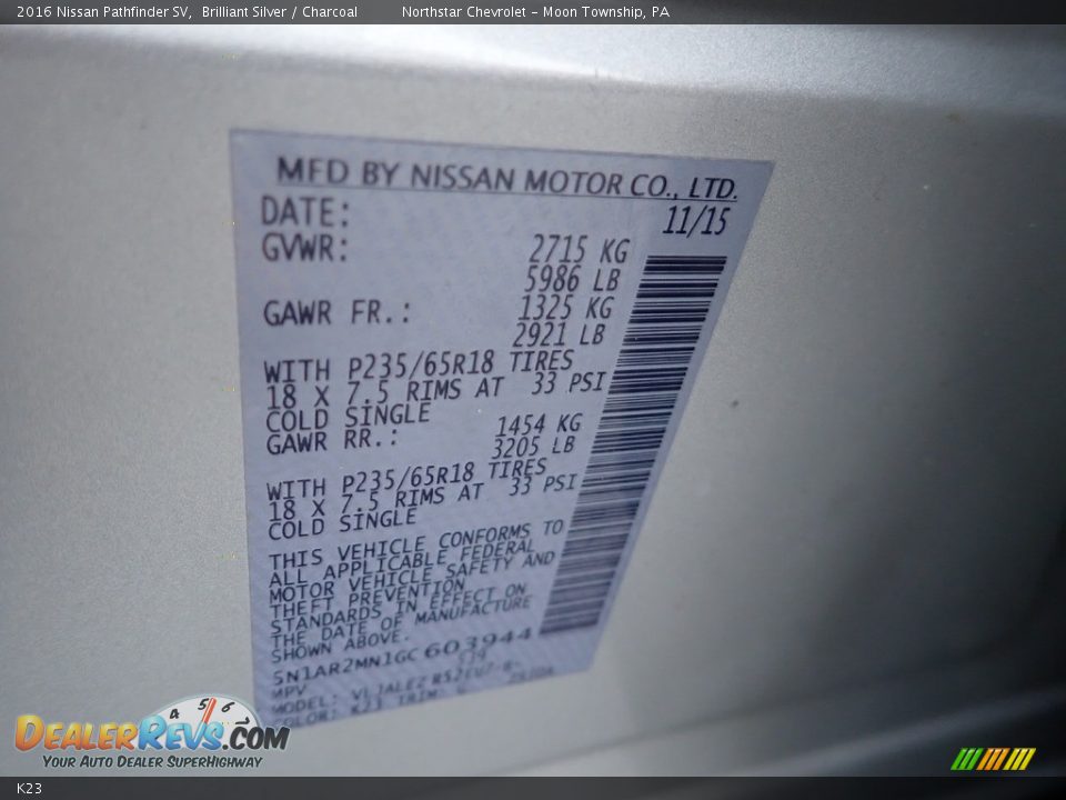 Nissan Color Code K23 Brilliant Silver