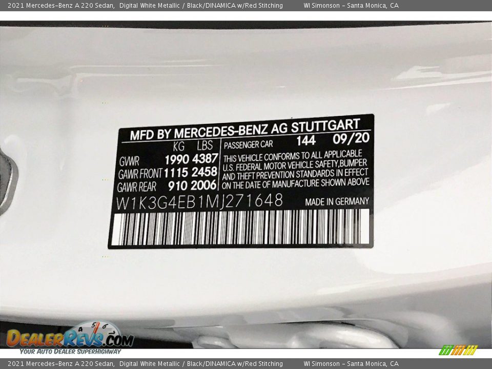 2021 Mercedes-Benz A 220 Sedan Digital White Metallic / Black/DINAMICA w/Red Stitching Photo #11