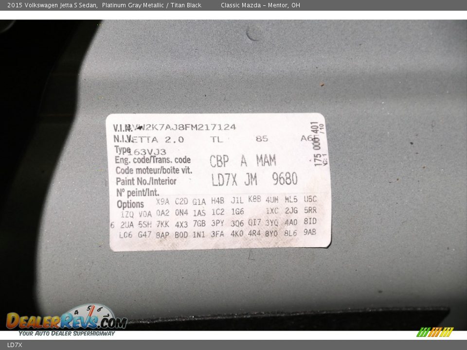 Volkswagen Color Code LD7X Platinum Gray Metallic
