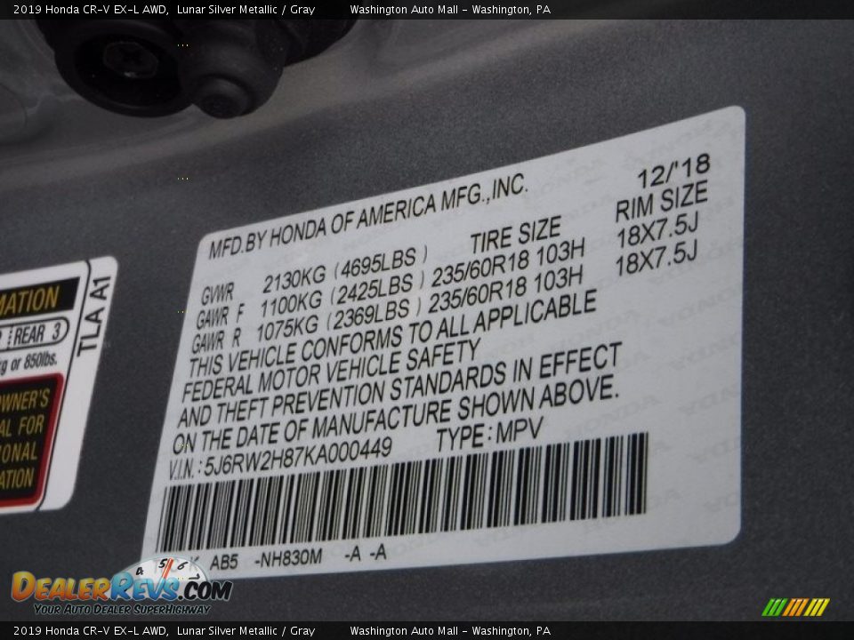 2019 Honda CR-V EX-L AWD Lunar Silver Metallic / Gray Photo #27