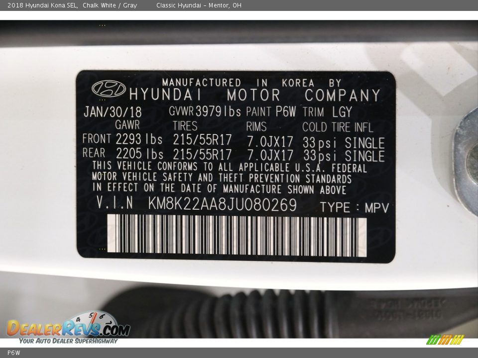 Hyundai Color Code P6W Chalk White