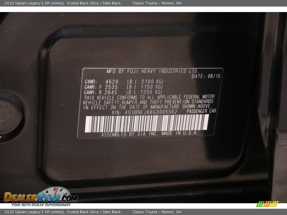 2016 Subaru Legacy 3.6R Limited Crystal Black Silica / Slate Black Photo #21