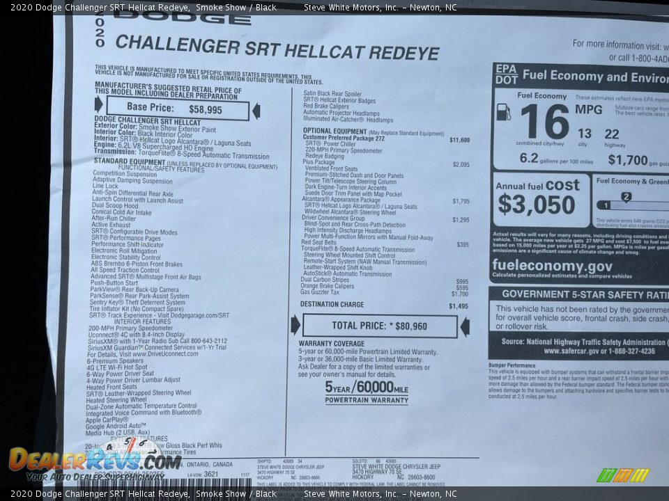 2020 Dodge Challenger SRT Hellcat Redeye Smoke Show / Black Photo #28