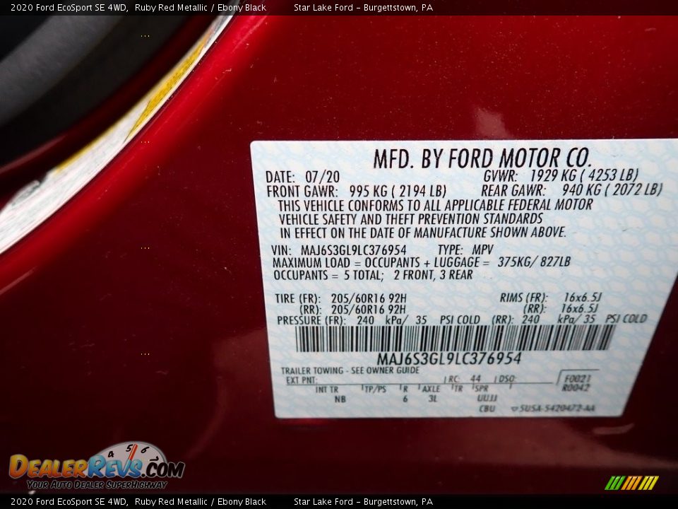 2020 Ford EcoSport SE 4WD Ruby Red Metallic / Ebony Black Photo #14