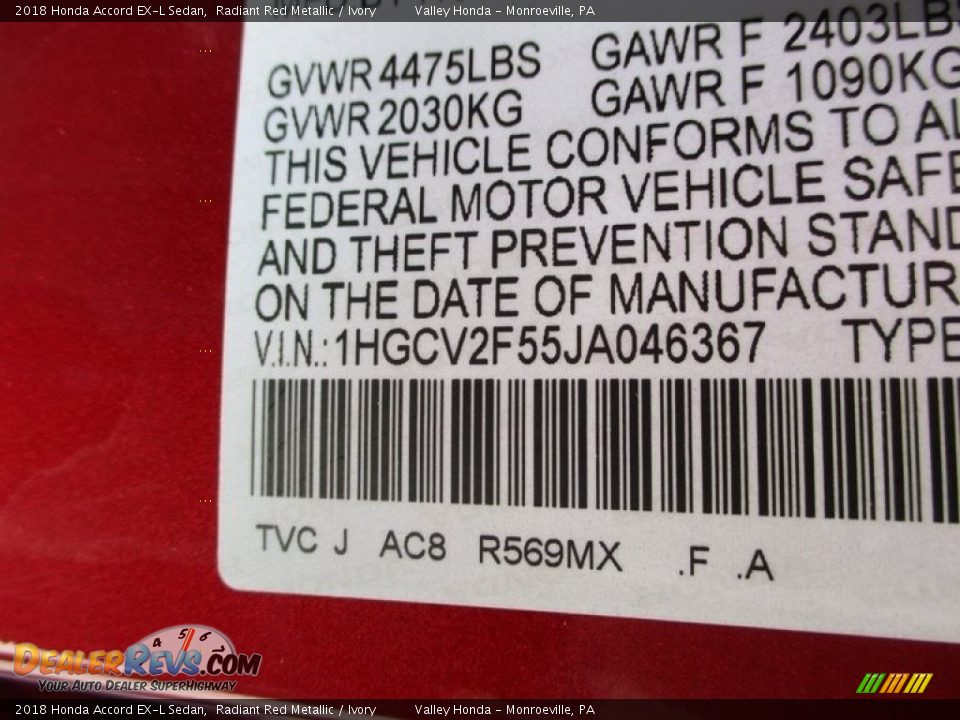 2018 Honda Accord EX-L Sedan Radiant Red Metallic / Ivory Photo #19