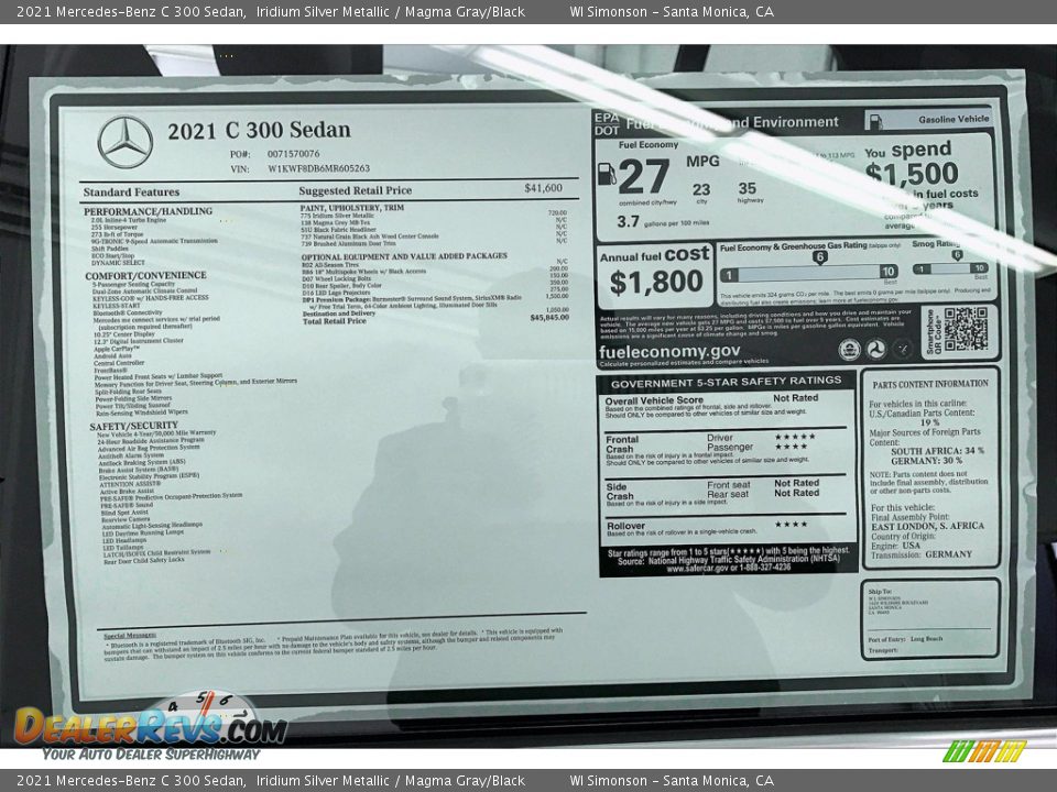 2021 Mercedes-Benz C 300 Sedan Window Sticker Photo #10