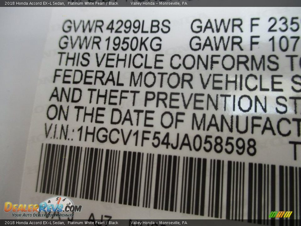 2018 Honda Accord EX-L Sedan Platinum White Pearl / Black Photo #19