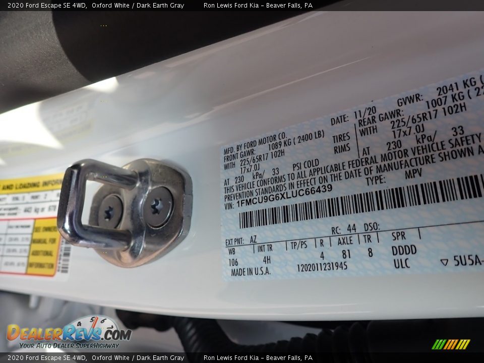 2020 Ford Escape SE 4WD Oxford White / Dark Earth Gray Photo #14