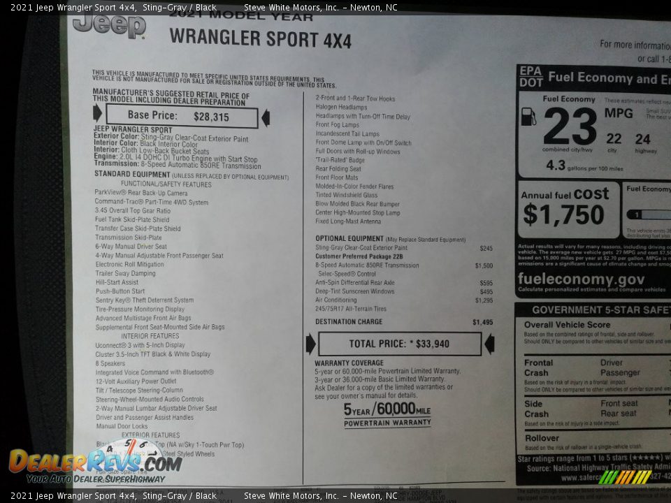 2021 Jeep Wrangler Sport 4x4 Window Sticker Photo #26