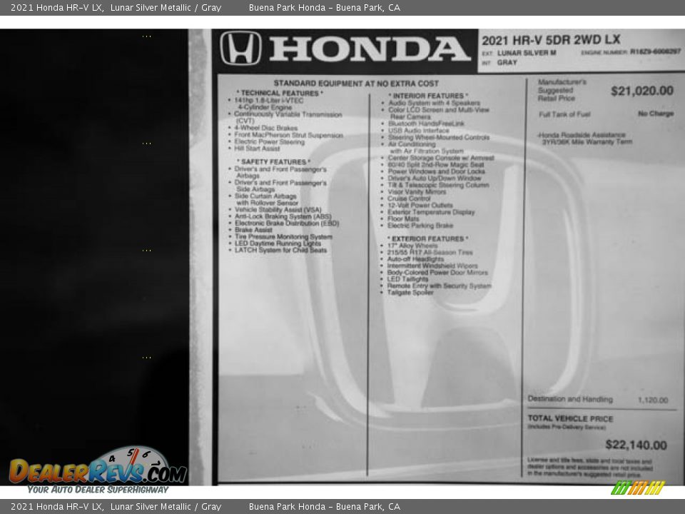 2021 Honda HR-V LX Lunar Silver Metallic / Gray Photo #36