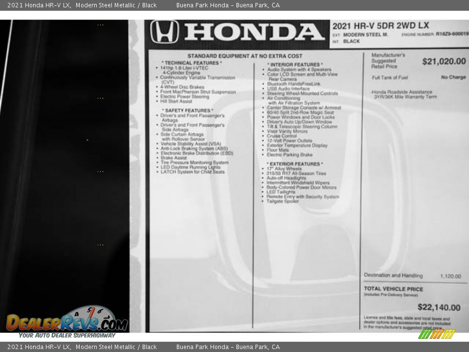 2021 Honda HR-V LX Modern Steel Metallic / Black Photo #36