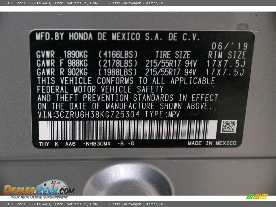 2019 Honda HR-V LX AWD Lunar Silver Metallic / Gray Photo #22