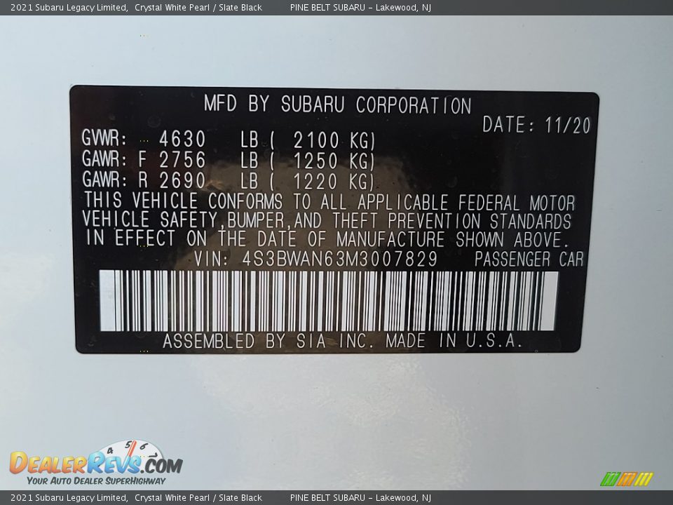 2021 Subaru Legacy Limited Crystal White Pearl / Slate Black Photo #14