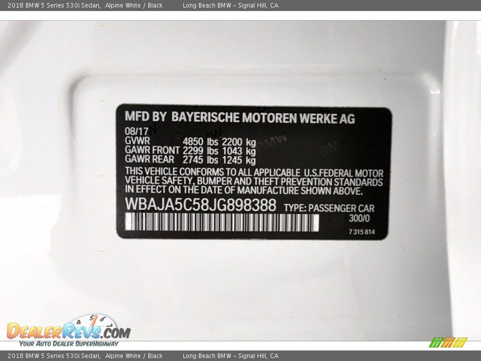 2018 BMW 5 Series 530i Sedan Alpine White / Black Photo #36