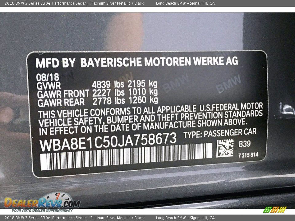 2018 BMW 3 Series 330e iPerformance Sedan Platinum Silver Metallic / Black Photo #36