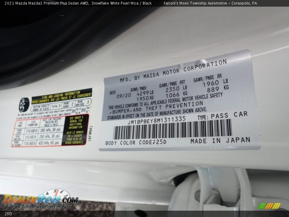 Mazda Color Code 25D Snowflake White Pearl Mica