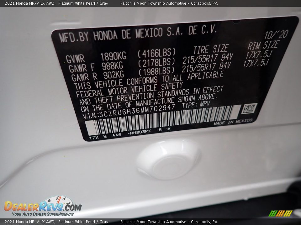 2021 Honda HR-V LX AWD Platinum White Pearl / Gray Photo #12
