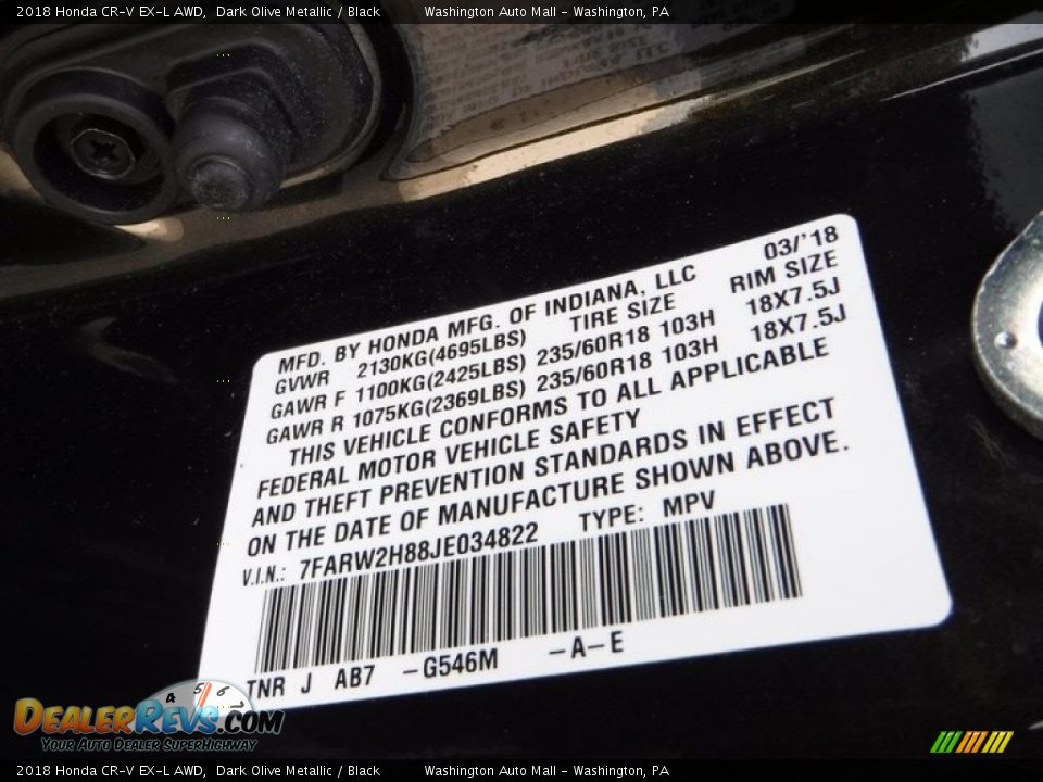 2018 Honda CR-V EX-L AWD Dark Olive Metallic / Black Photo #26