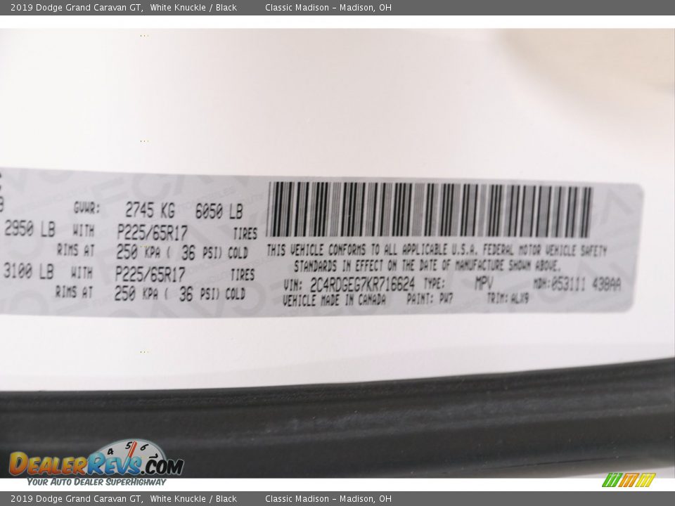 2019 Dodge Grand Caravan GT White Knuckle / Black Photo #24