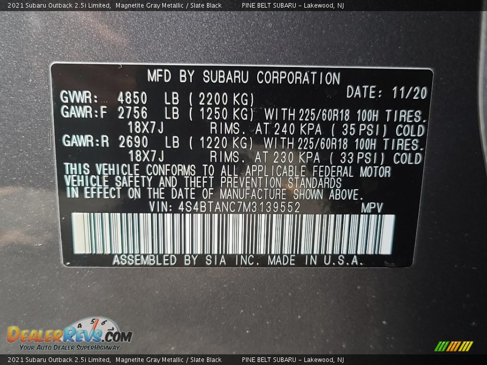 2021 Subaru Outback 2.5i Limited Magnetite Gray Metallic / Slate Black Photo #14