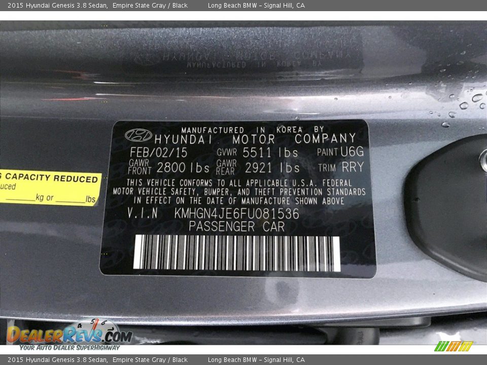 2015 Hyundai Genesis 3.8 Sedan Empire State Gray / Black Photo #36