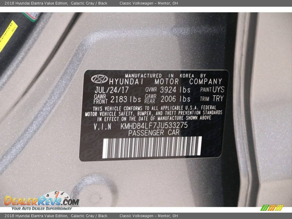 2018 Hyundai Elantra Value Edition Galactic Gray / Black Photo #21