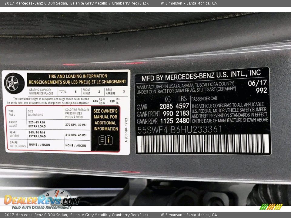 2017 Mercedes-Benz C 300 Sedan Selenite Grey Metallic / Cranberry Red/Black Photo #33