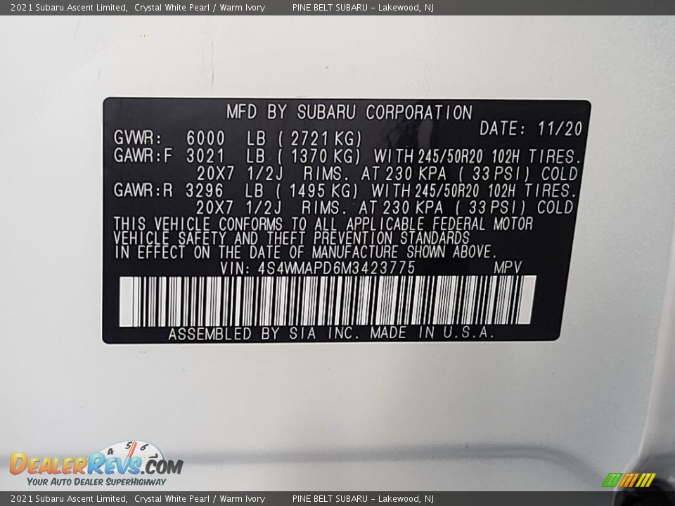 2021 Subaru Ascent Limited Crystal White Pearl / Warm Ivory Photo #14