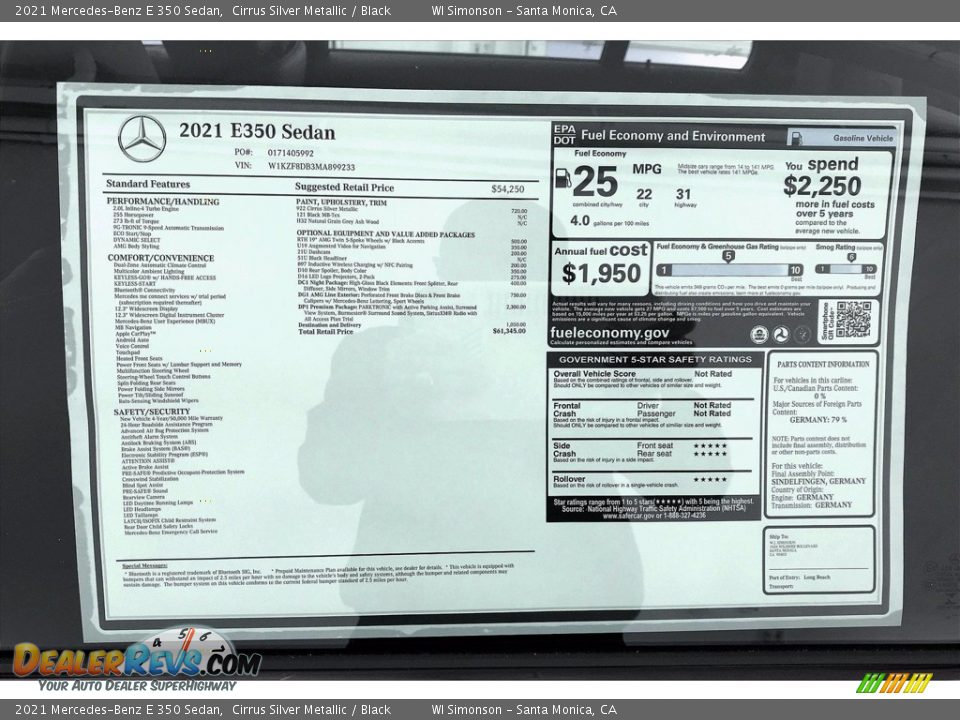 2021 Mercedes-Benz E 350 Sedan Window Sticker Photo #10