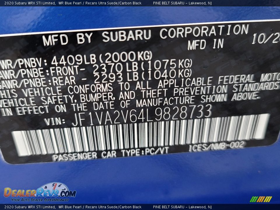 2020 Subaru WRX STI Limited WR Blue Pearl / Recaro Ultra Suede/Carbon Black Photo #17