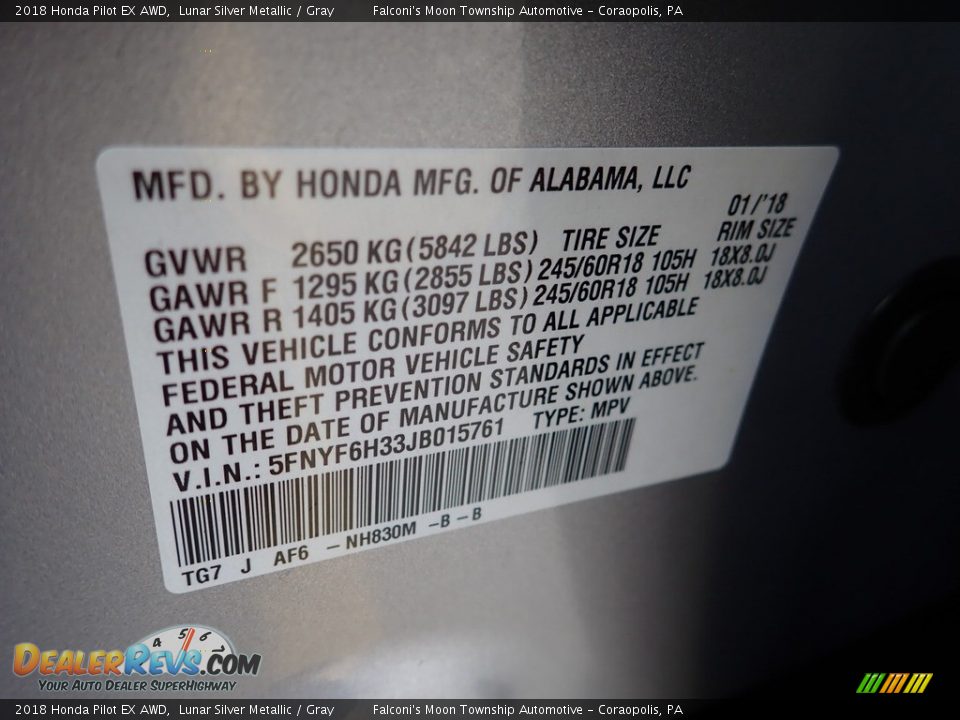 2018 Honda Pilot EX AWD Lunar Silver Metallic / Gray Photo #23