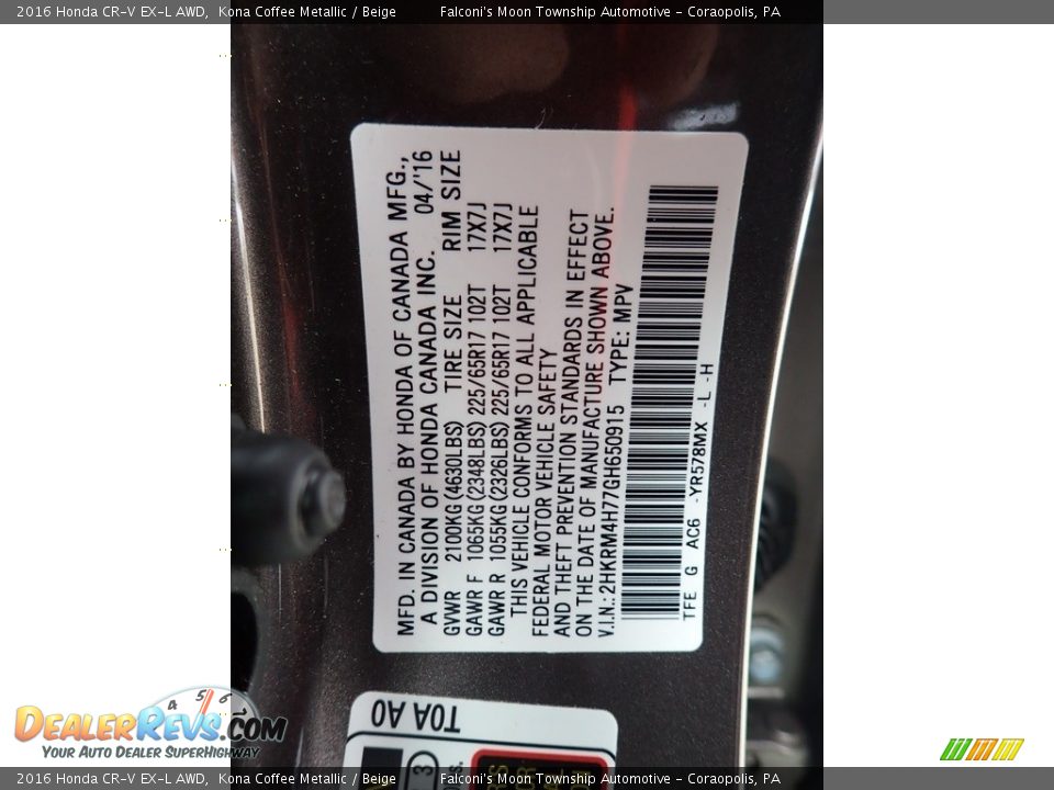 2016 Honda CR-V EX-L AWD Kona Coffee Metallic / Beige Photo #23