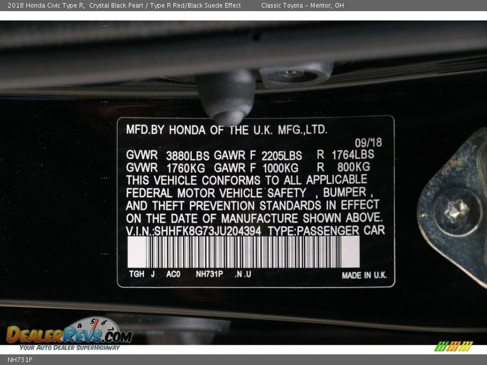 Honda Color Code NH731P Crystal Black Pearl