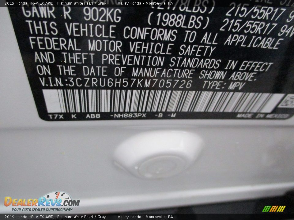 2019 Honda HR-V EX AWD Platinum White Pearl / Gray Photo #19