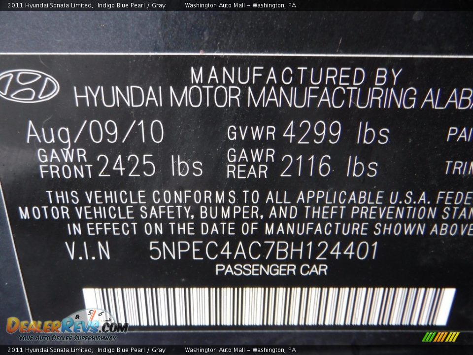 2011 Hyundai Sonata Limited Indigo Blue Pearl / Gray Photo #24
