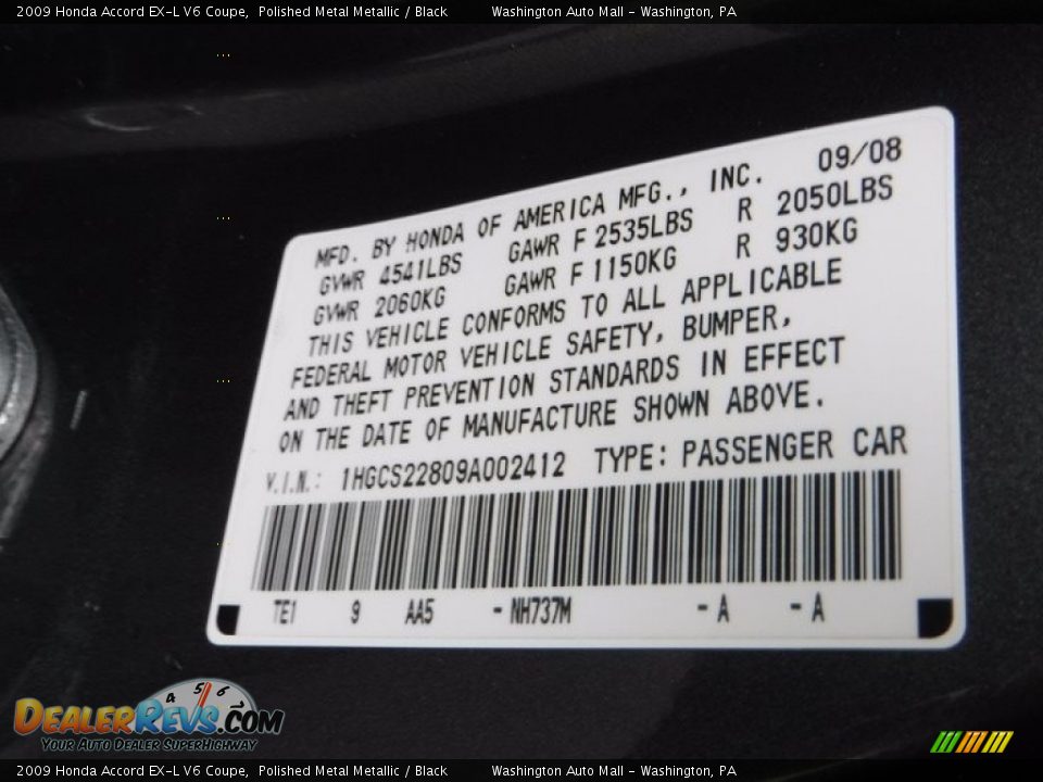 2009 Honda Accord EX-L V6 Coupe Polished Metal Metallic / Black Photo #27