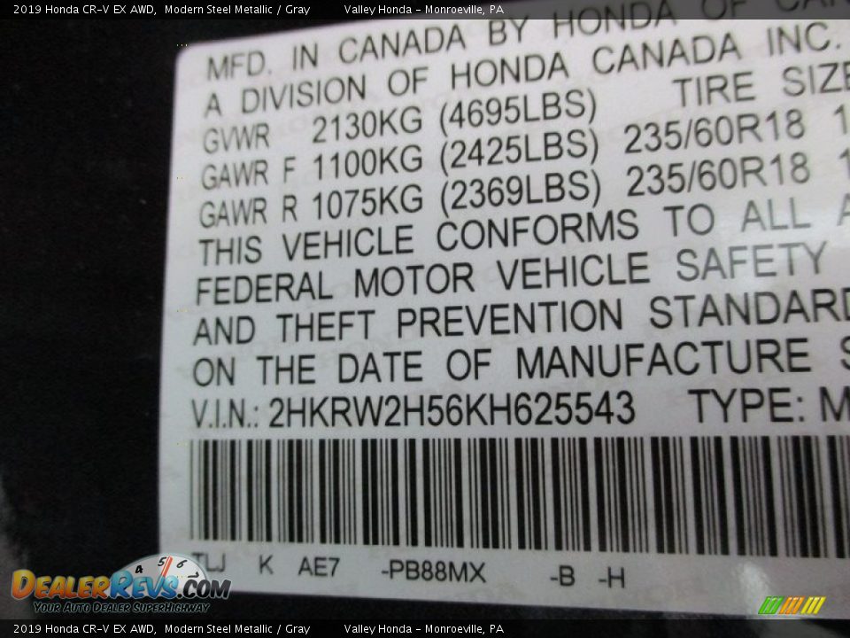 2019 Honda CR-V EX AWD Modern Steel Metallic / Gray Photo #19