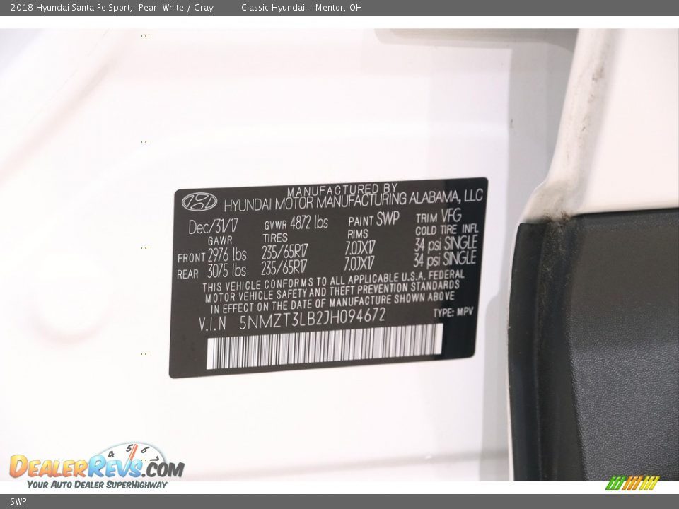 Hyundai Color Code SWP Pearl White