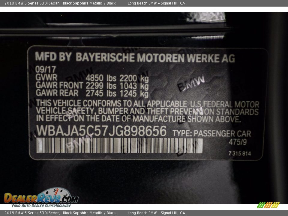 2018 BMW 5 Series 530i Sedan Black Sapphire Metallic / Black Photo #12