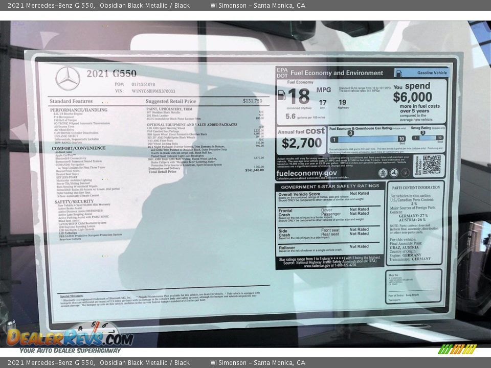 2021 Mercedes-Benz G 550 Window Sticker Photo #10