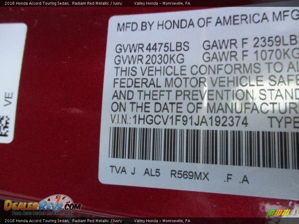 2018 Honda Accord Touring Sedan Radiant Red Metallic / Ivory Photo #19