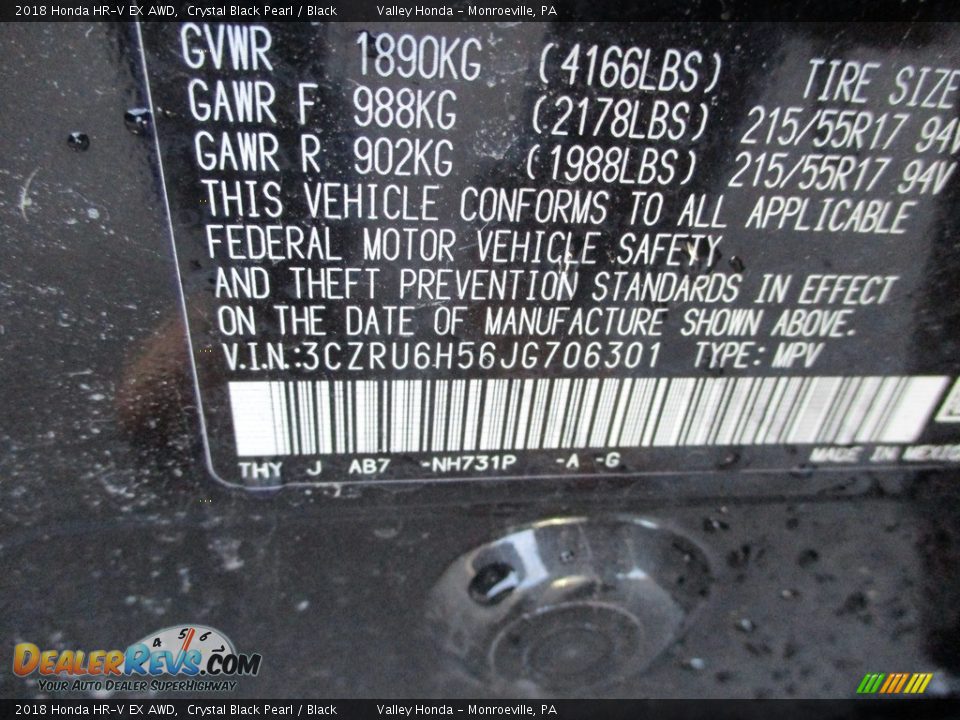 2018 Honda HR-V EX AWD Crystal Black Pearl / Black Photo #19