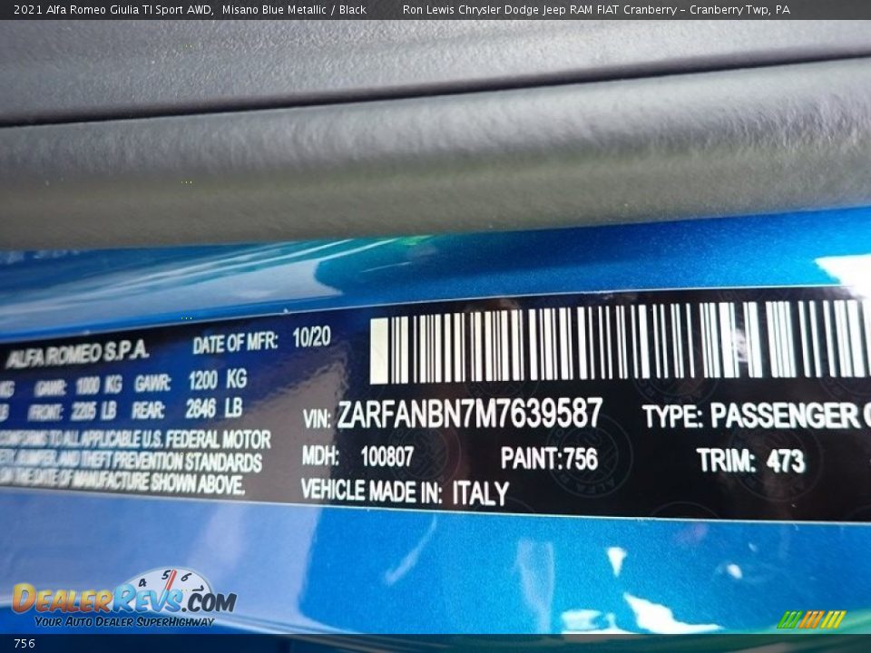 Alfa Romeo Color Code 756 Misano Blue Metallic