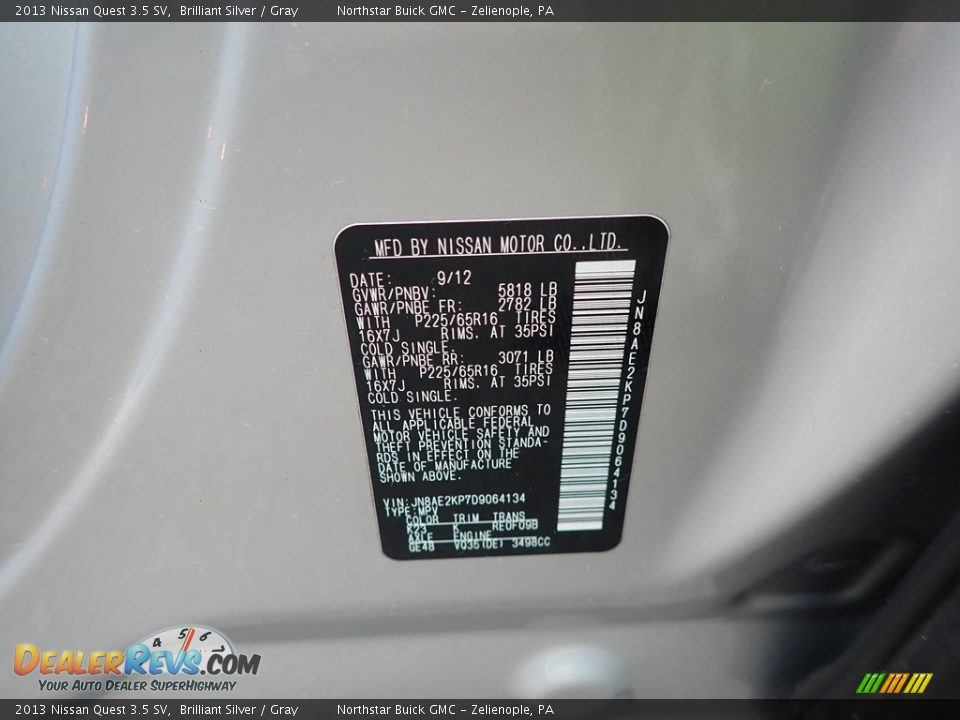 2013 Nissan Quest 3.5 SV Brilliant Silver / Gray Photo #15